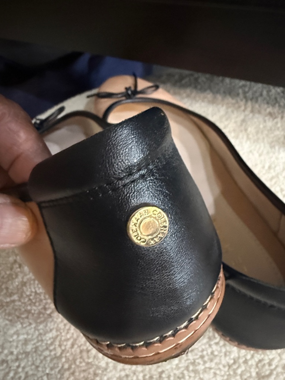Cole Haan Pink Leather Ballet Flats with Black Trim and Bow - Picture 6 of 9